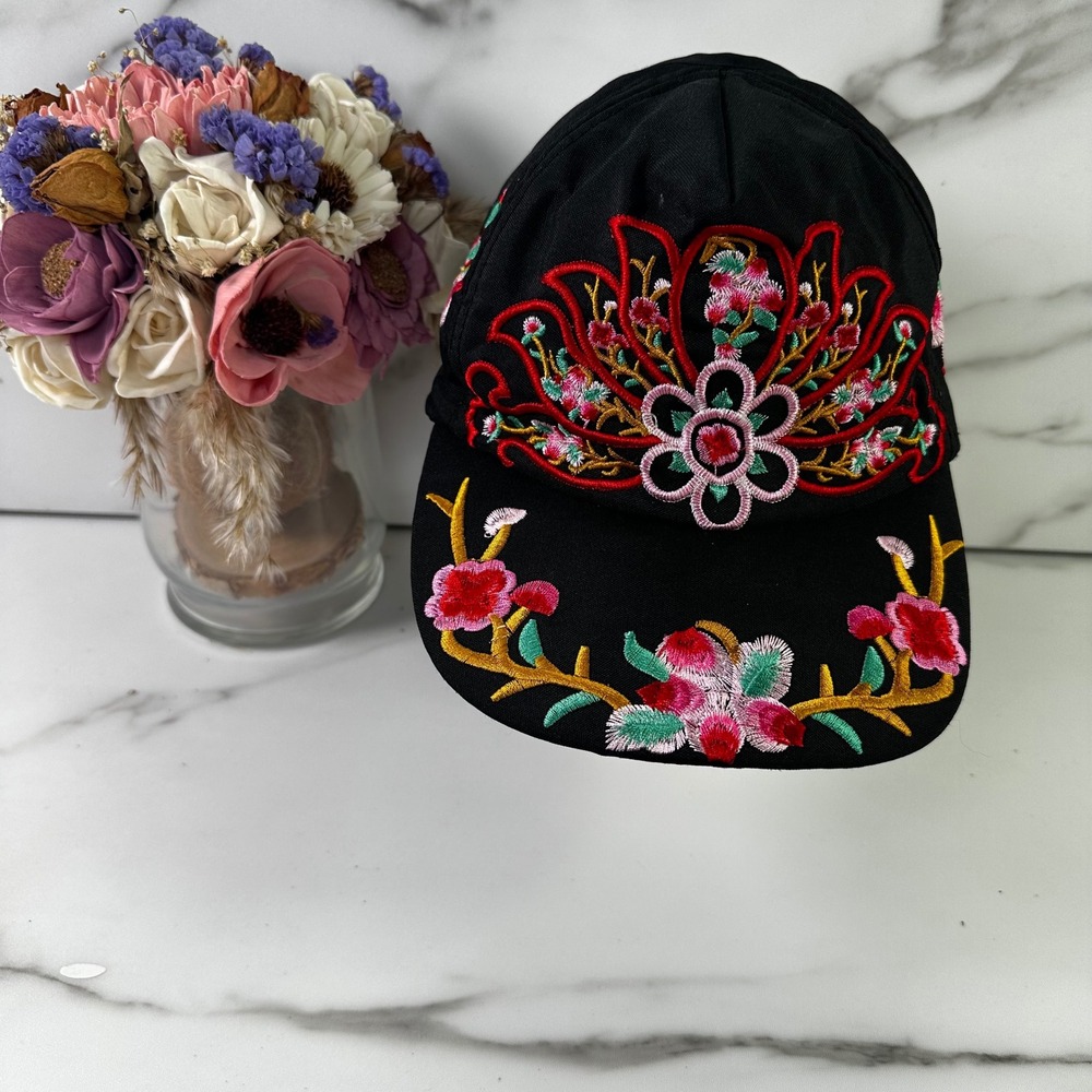 Embroidered Black Baseball Cap with Floral Design Open Back For High Ponytail